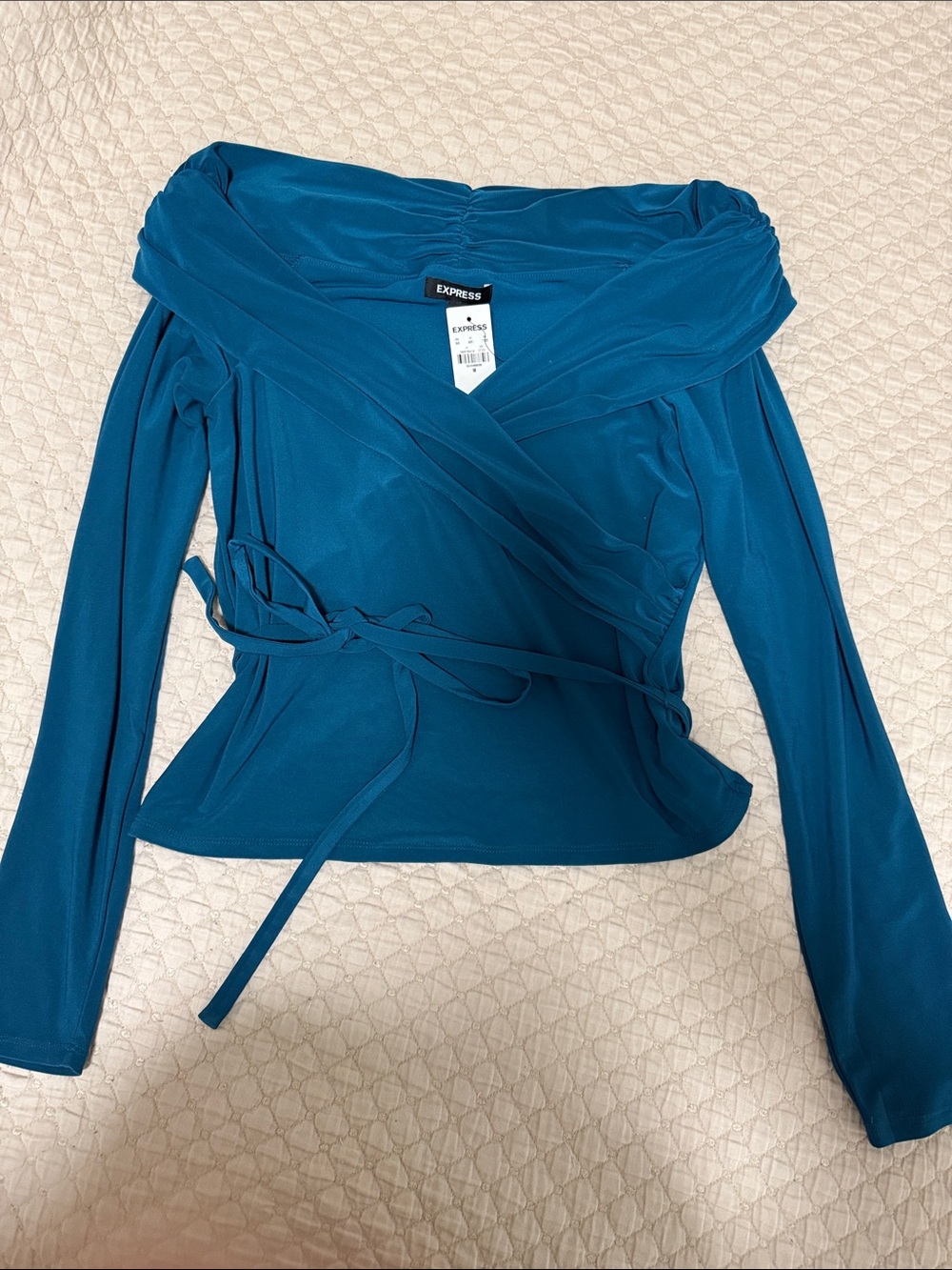 Express Teal Wrap-Front Off the Shoulder Long Sleeve Top